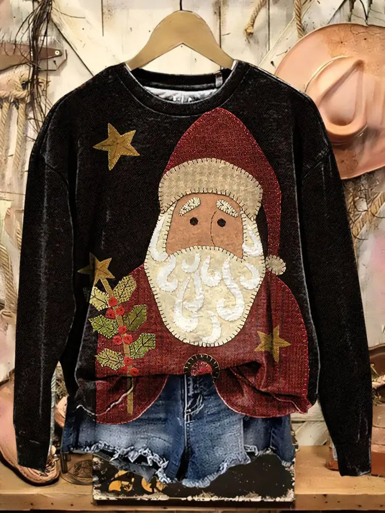 Retro Patchwork Santa Art Casual Cotton Sweatshirt
