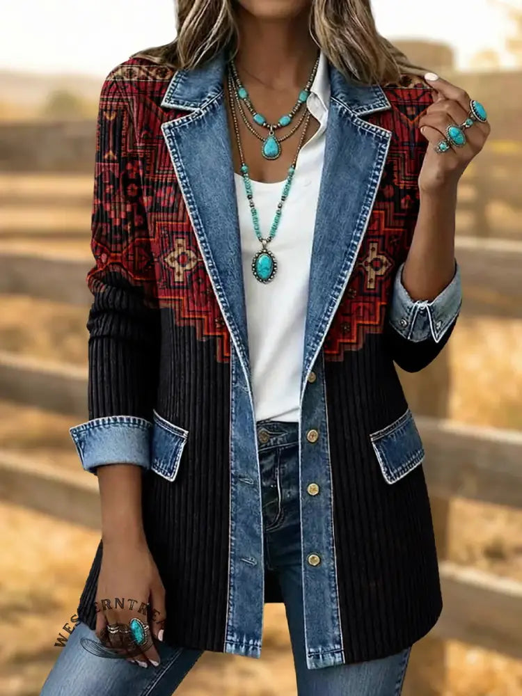 Retro Totem Art Print Patchwork Denim Sweater Cardigan Coat