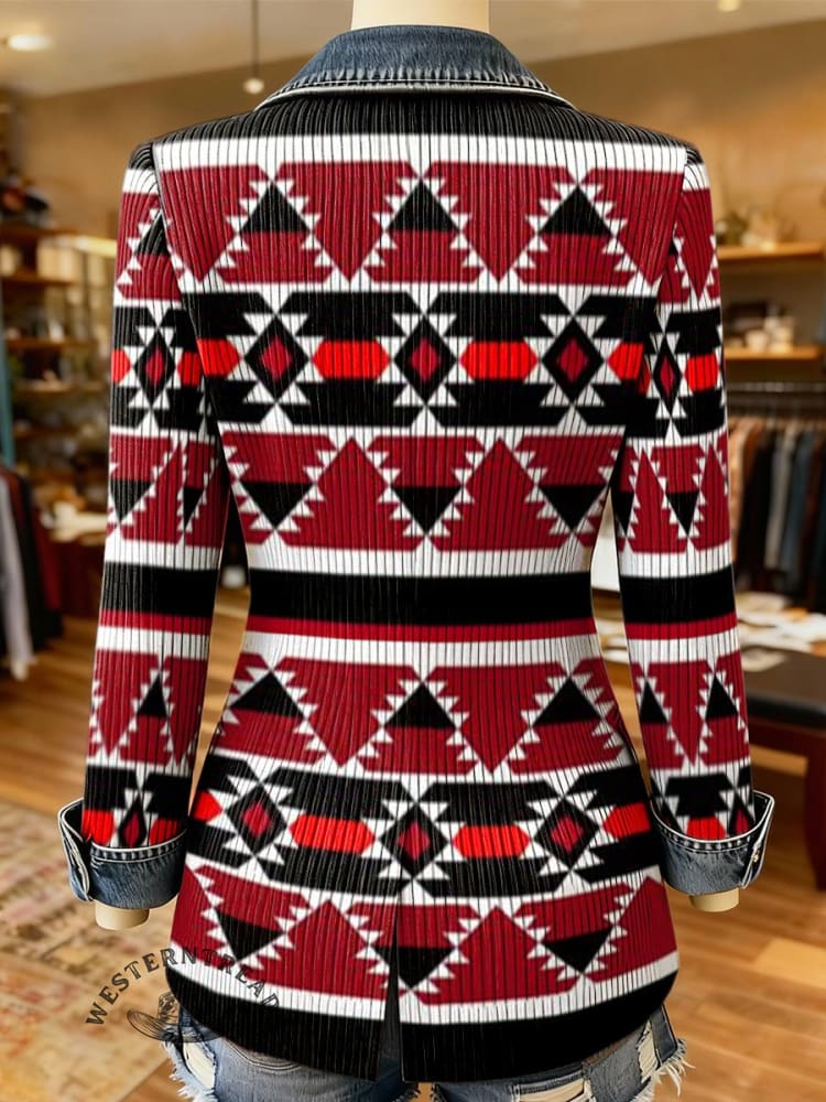 Aztec Print Patchwork Denim Sweater