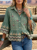 Vintage Floral Print Casual Hollow Lapel Shirt