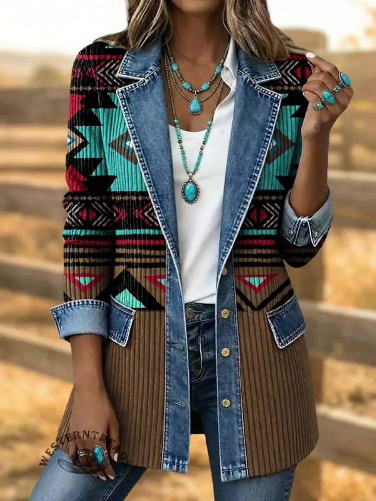 Retro Aztec Print Patchwork Denim Sweater Cardigan Coat