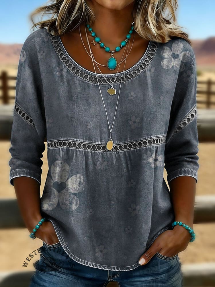 Women's Vintage Print Casual Hollow Denim Shirt