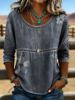Women's Vintage Print Casual Hollow Denim Shirt
