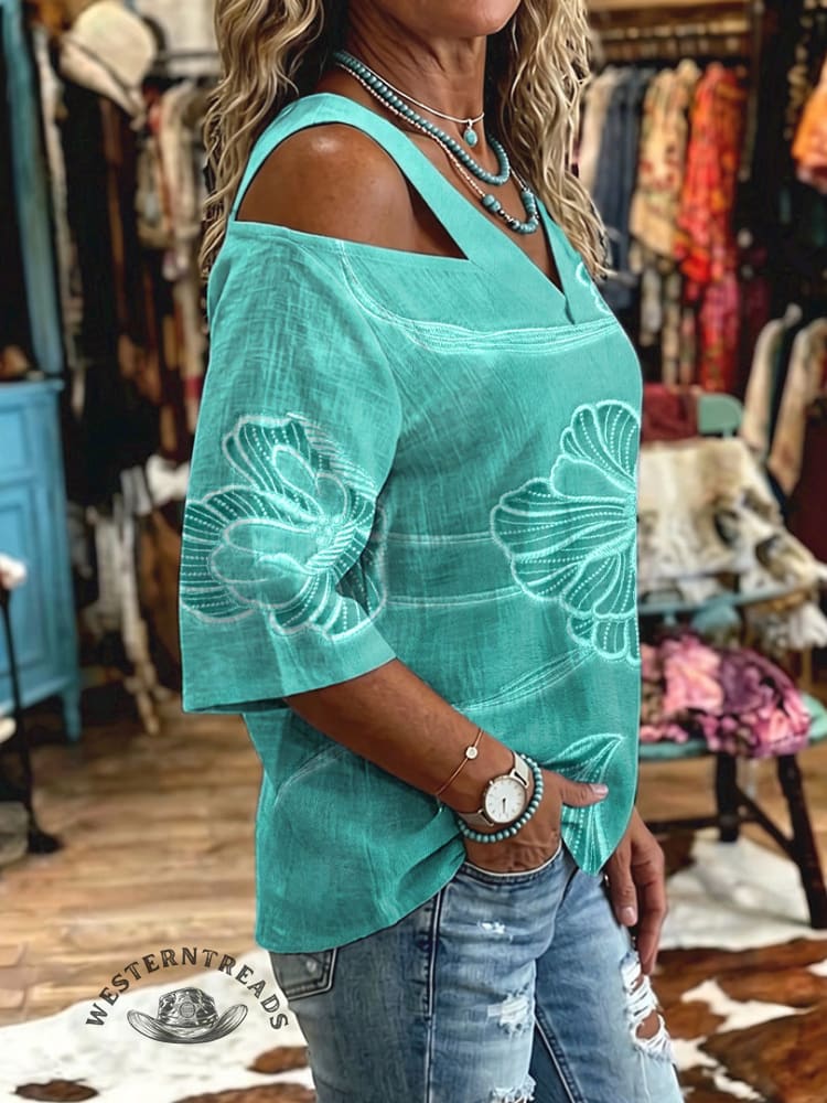 Women's Vintage Flowers Print Off-shoulder Patchwork Casual Shirt