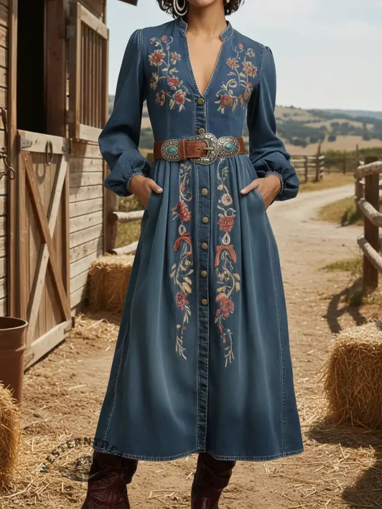 Women's Western-style Floral Print Denim Cotton Dress