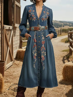 Women's Western-style Floral Print Denim Cotton Dress