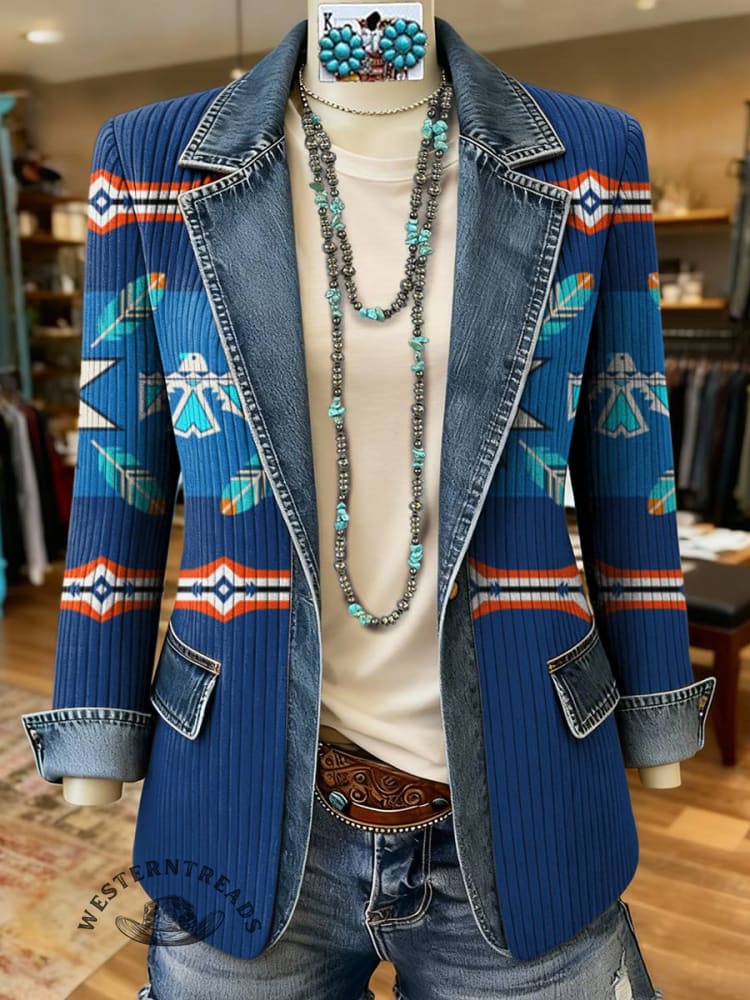Aztec Print Patchwork Denim Sweater