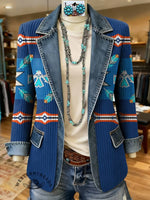 Aztec Print Patchwork Denim Sweater