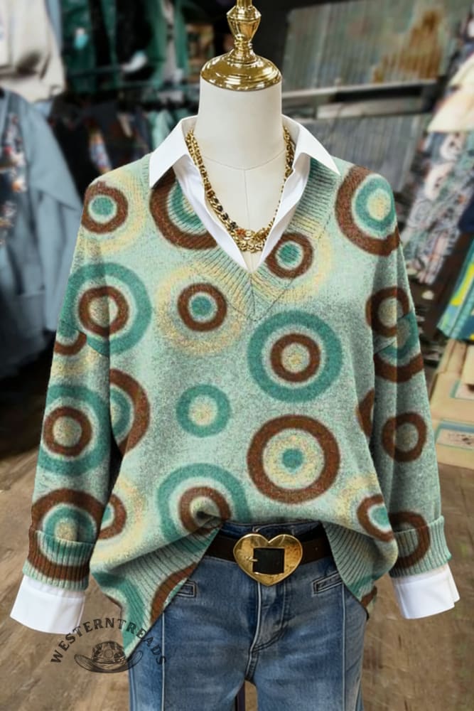 Women's Colorful Polka Dot Geometric Abstract Print Casual V-neck Pullover Knit Top