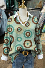 Women's Colorful Polka Dot Geometric Abstract Print Casual V-neck Pullover Knit Top