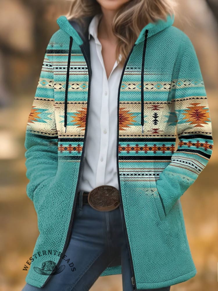 Aztec Print Unisex Plush Thick Long-sleeved Cardigan Coat