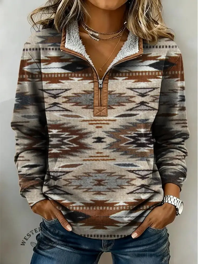 Vintage Aztec Art Print Casual Half Zip Cotton Sweatshirt