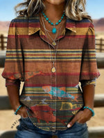 Vintage Fish Art Print Casual Puff Sleeve Denim Shirt