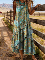 Vintage Floral Print Sleeveless Multi-layered Ruffled Strap Dress