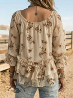 Vintage Western Art Print Casual Ruffle Shirt