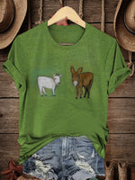 Retro Farm Animals Art Print Casual T-shirt