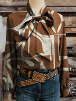 Women's Vintage Art Print Casual Bow Shirt