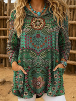 Vintage Art Print Casual Knitted Pocket Hooded Tunic Top