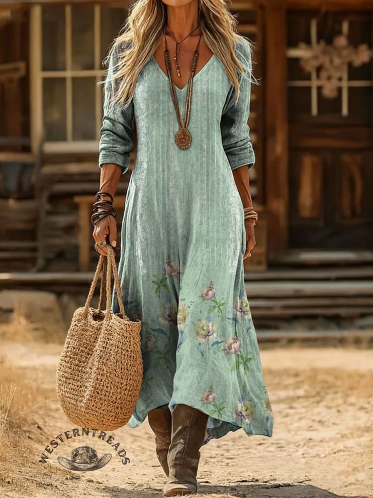 V-neck Retro Print Casual Loose Western Dress