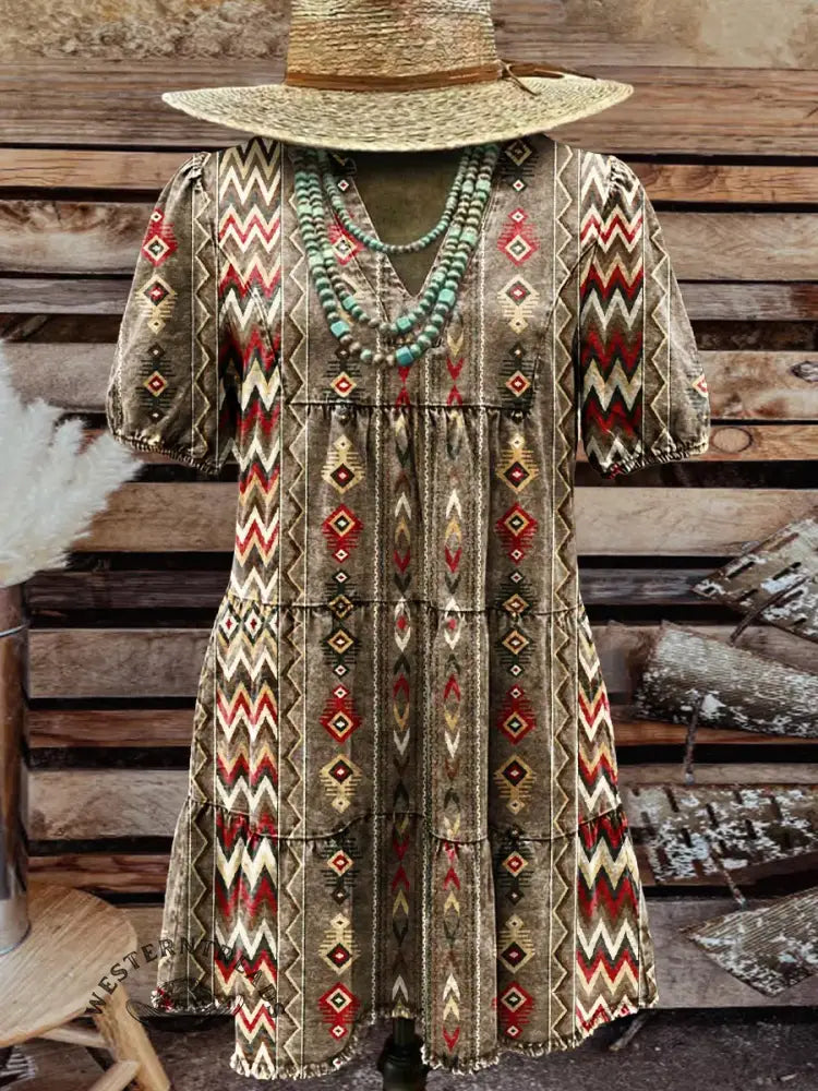 Vintage Aztec Art Contrast WesternMidi Dress