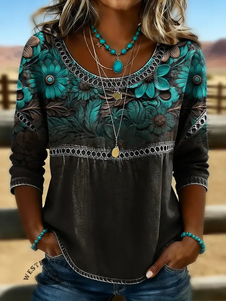 Women's Floral Print Casual Hollow Denim Shirt