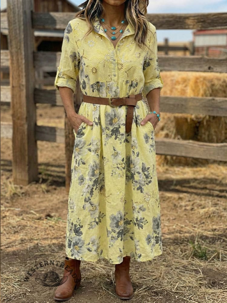 Vintage Embroidered Flowers Cotton And Linen Dress