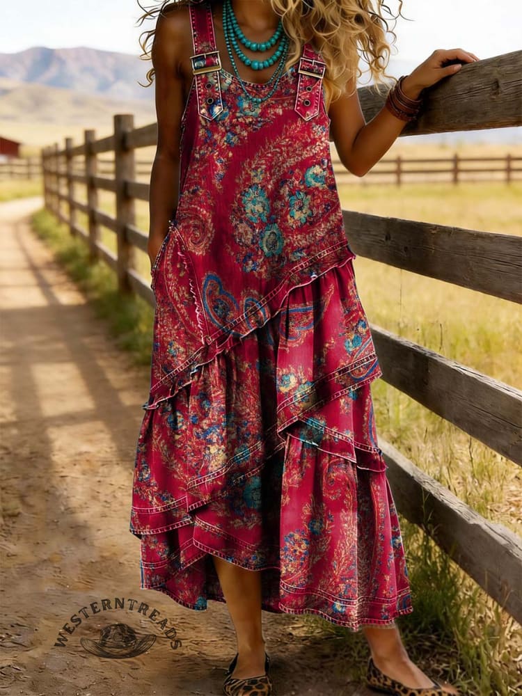 Retro Women's Floral Print Denim Patchwork Long Dress