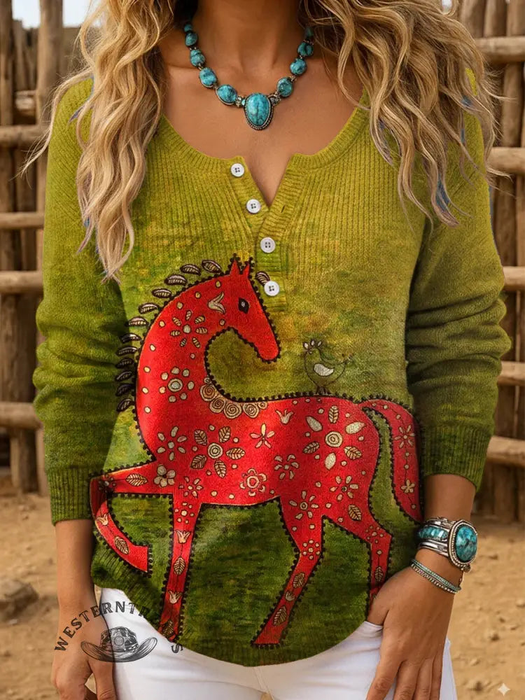 Retro Horse Art Print Buttoned Cardigan Sweater