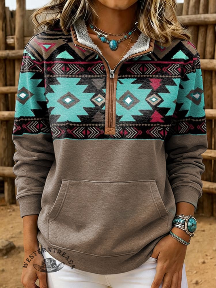 Retro Aztec Print Casual Half-zip Cotton Sweatshirt