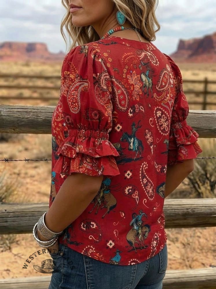 Wild West Art Print V-neck Puff Sleeve Ruffle Shirt