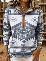 Retro Aztec Print Casual Half-zip Cotton Sweatshirt