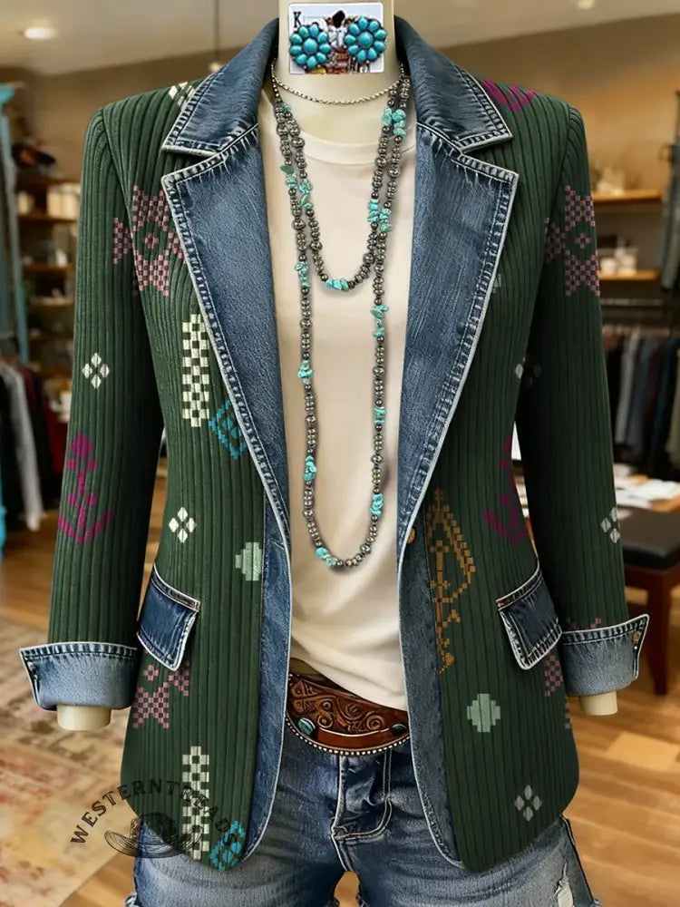 Simple Art Pattern Print Patchwork Denim Sweater Cardigan Coat