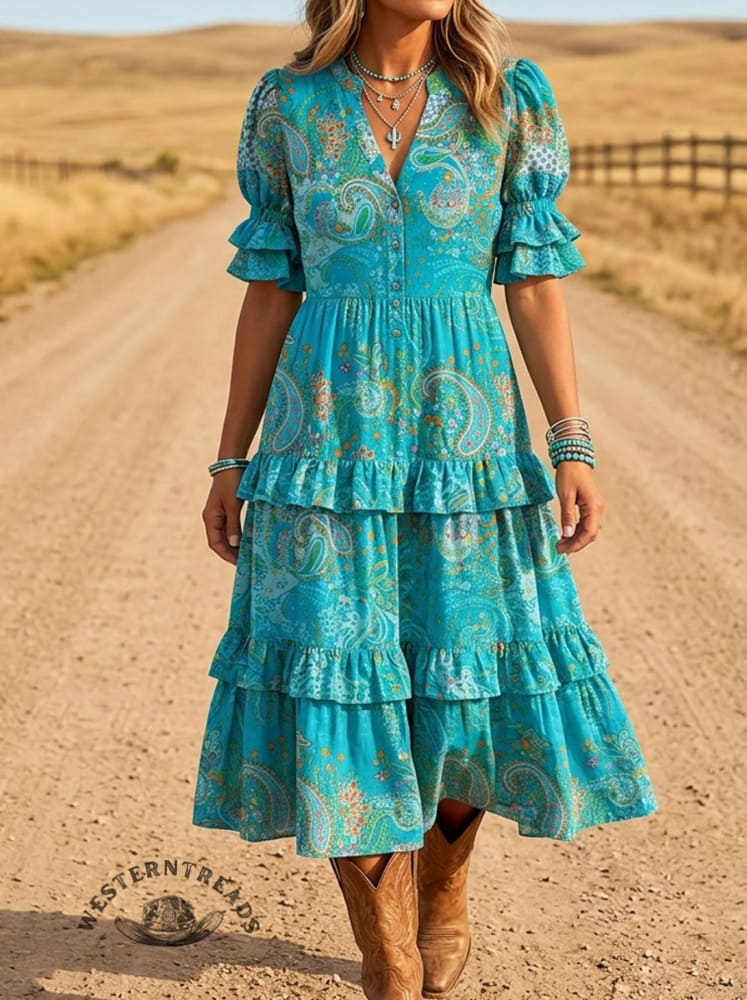 Women's Paisley Print Casual Ruffle Dress