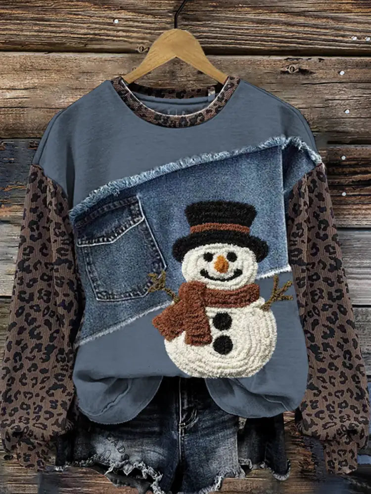 Knitted Visual Snowman Leopard Print Denim Patchwork Casual Cotton Sweatshirt