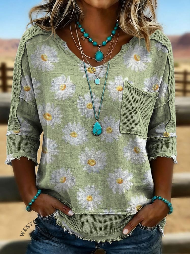 Women's Vintage Flowers Print Patchwork Casual Shirt