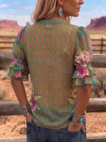 Vintage Art Print Comfortable Summer Fabrics Puff Sleeve Casual Shirt