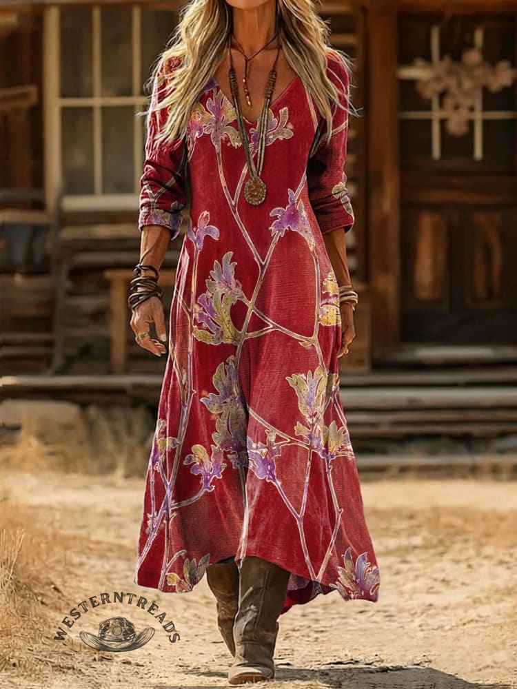 V-neck Retro Print Casual Loose Western Dress
