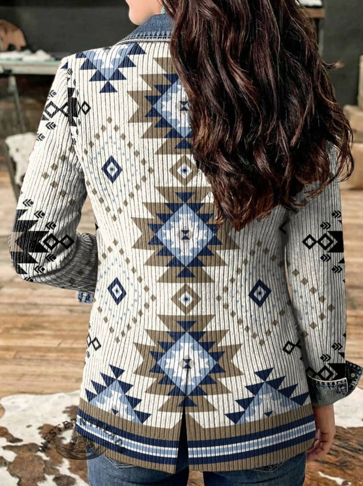 Aztec Print Patchwork Denim Sweater
