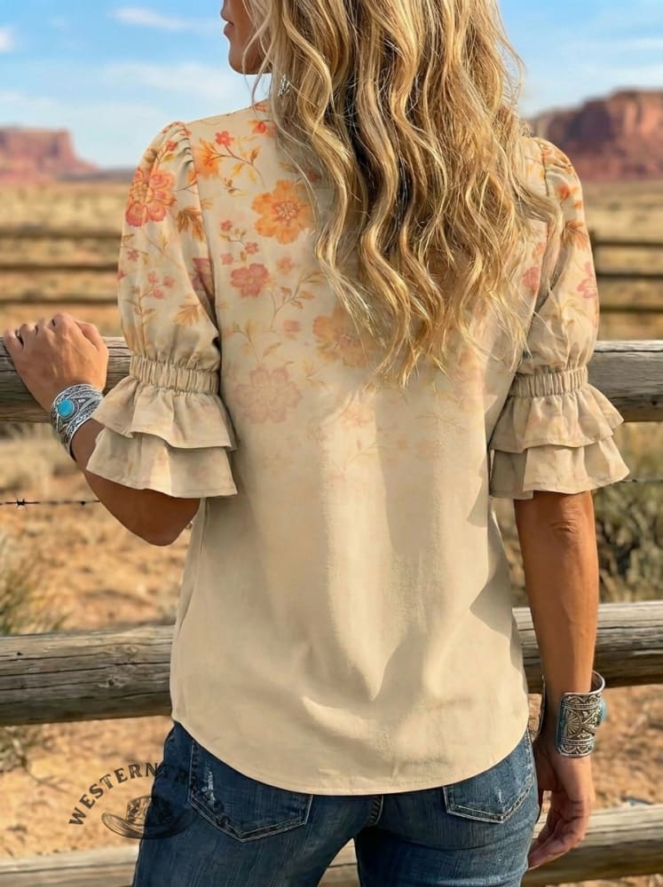 Women's Retro Floral Art Puff Sleeve Casual Shirt