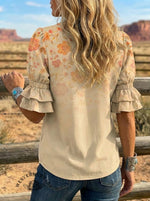 Women's Retro Floral Art Puff Sleeve Casual Shirt