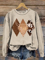 Vintage Western Aztec Bull's Head Art Prints Casual Cotton Sweatshirt