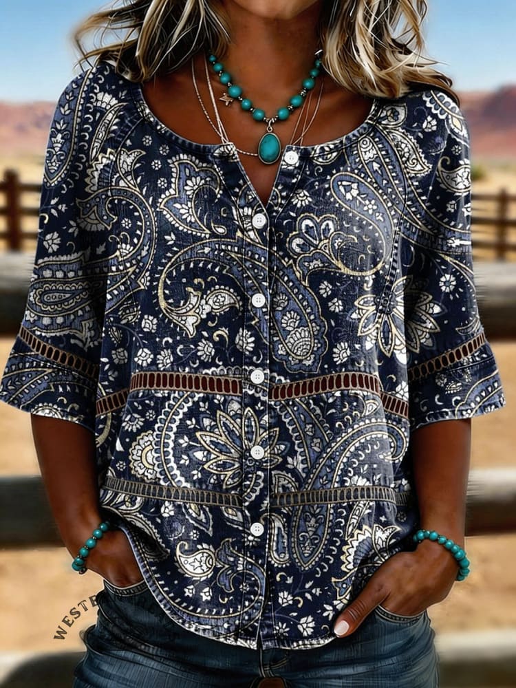 Women's Vintage Floral Print Casual Hollow-Out Denim Shirt