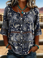 Women's Vintage Floral Print Casual Hollow-Out Denim Shirt