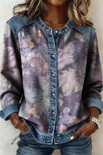 Women's Retro Floral Print Casual Denim Patchwork Sweatshirt