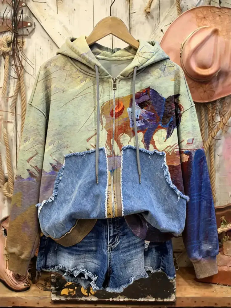 Retro Print Casual Cotton Patchwork Hooded Zip-up Sweatshirt