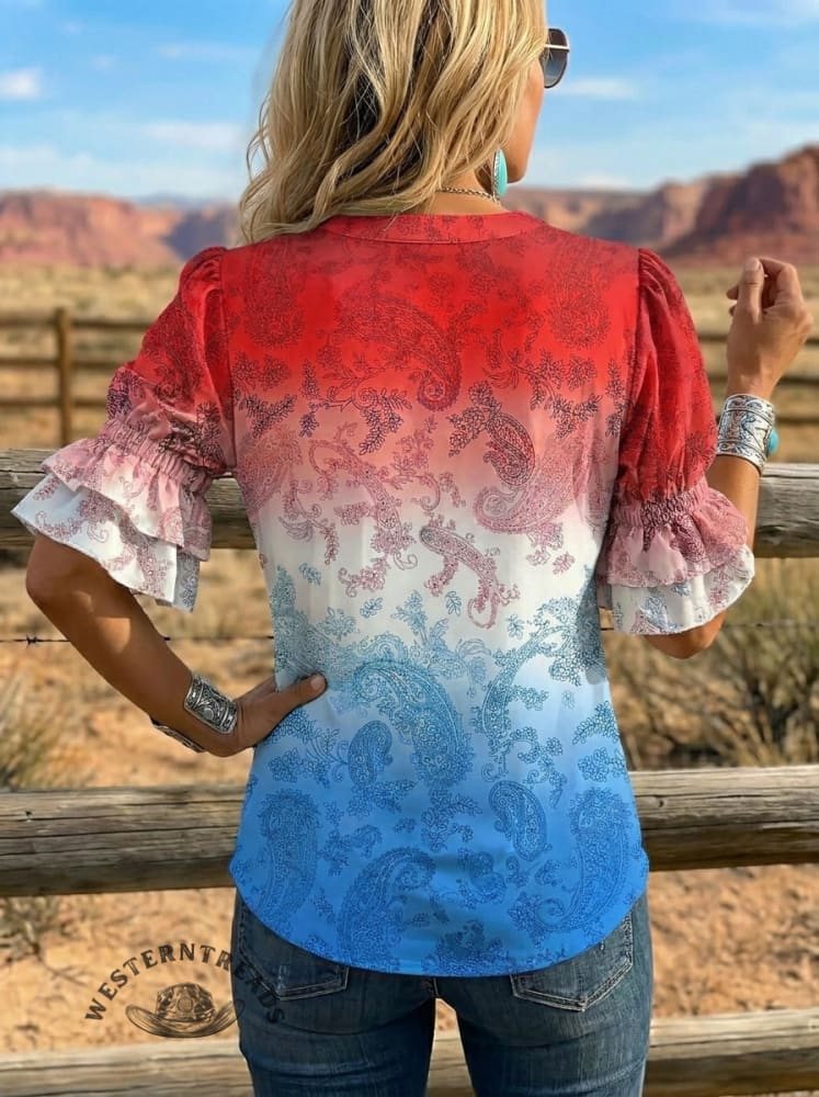 Women's Retro Floral Art Puff Sleeve Casual Shirt