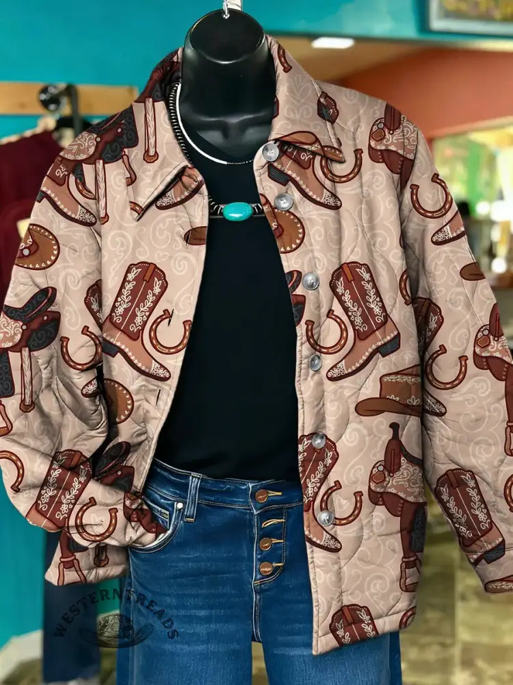 Women's Western Art Print Casual Quilted Jacket