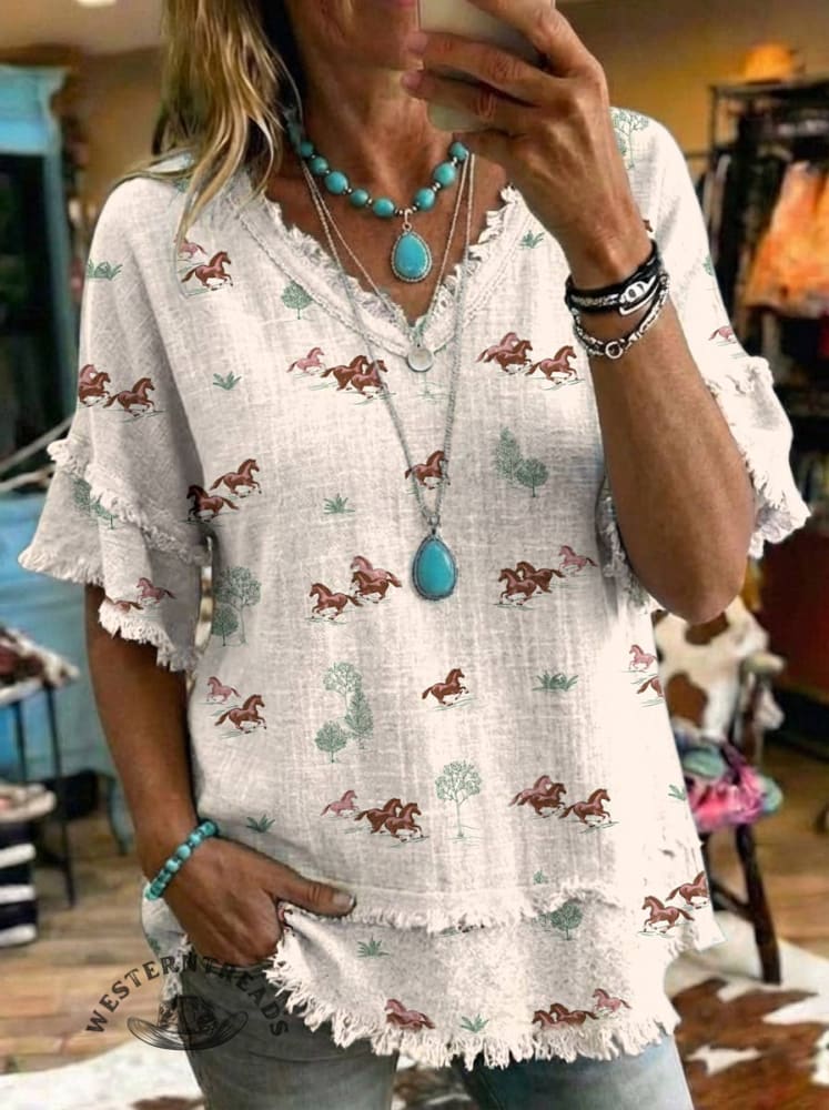 Vintage Horse Art Print Patchwork Cotton And Linen Shirt