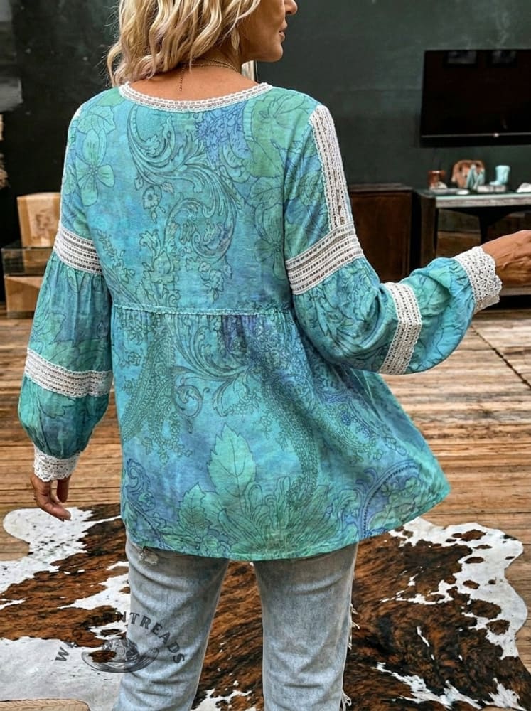 Women's Retro Floral Print Casual Lace Patchwork Shirt