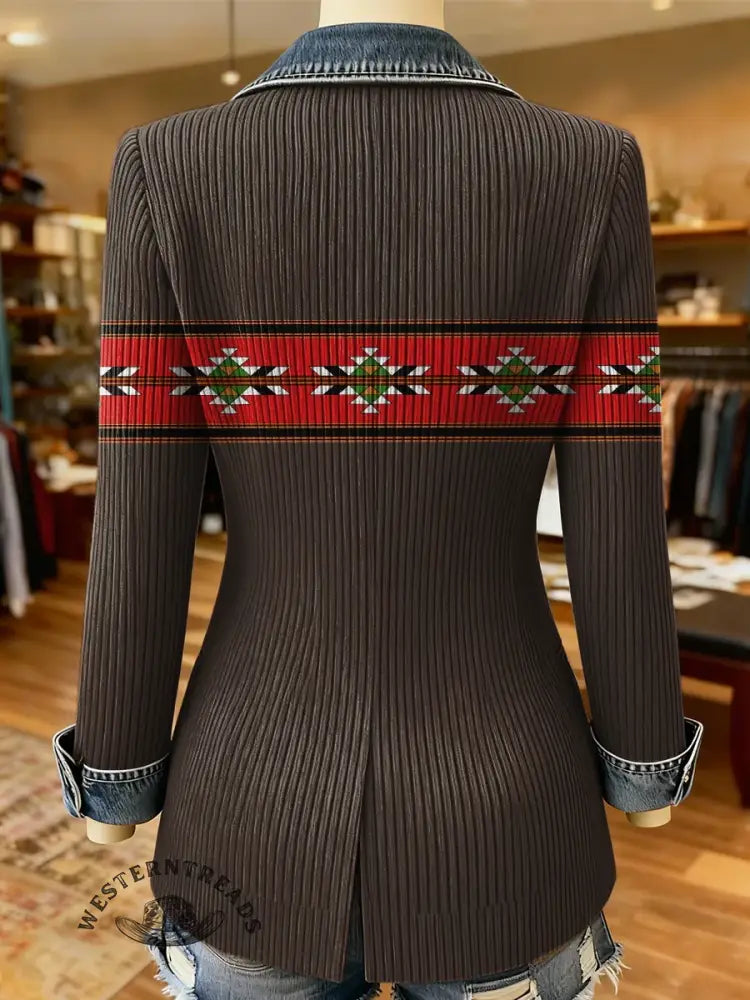 Retro Aztec Art Pattern Print Patchwork Denim Sweater Cardigan Coat